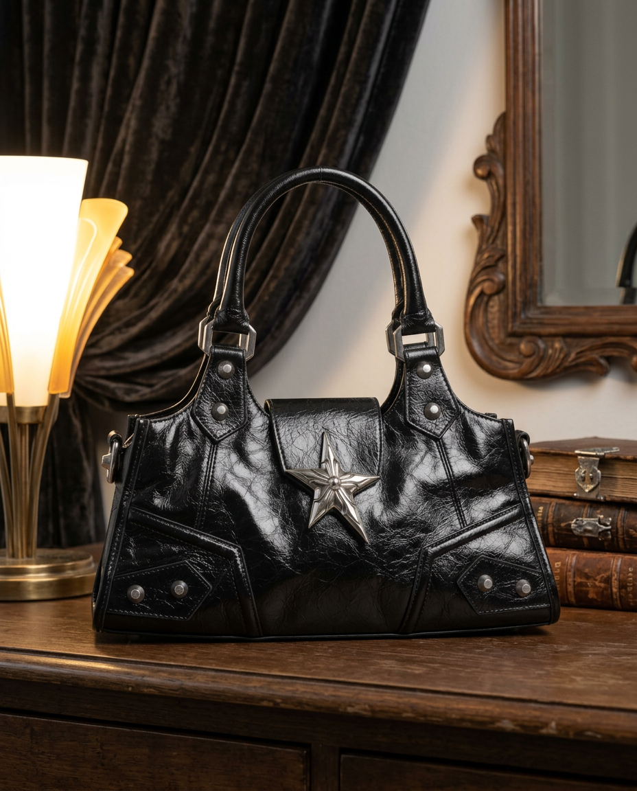 Carter Star Tote - structured black goth handbag with silver star hardware