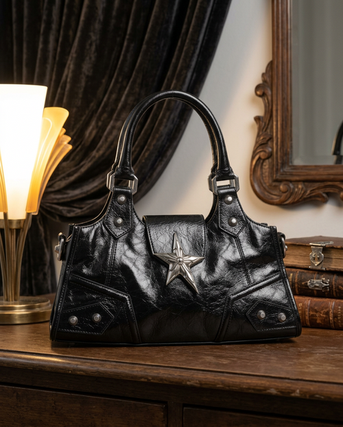 Carter Star Tote - structured black goth handbag with silver star hardware